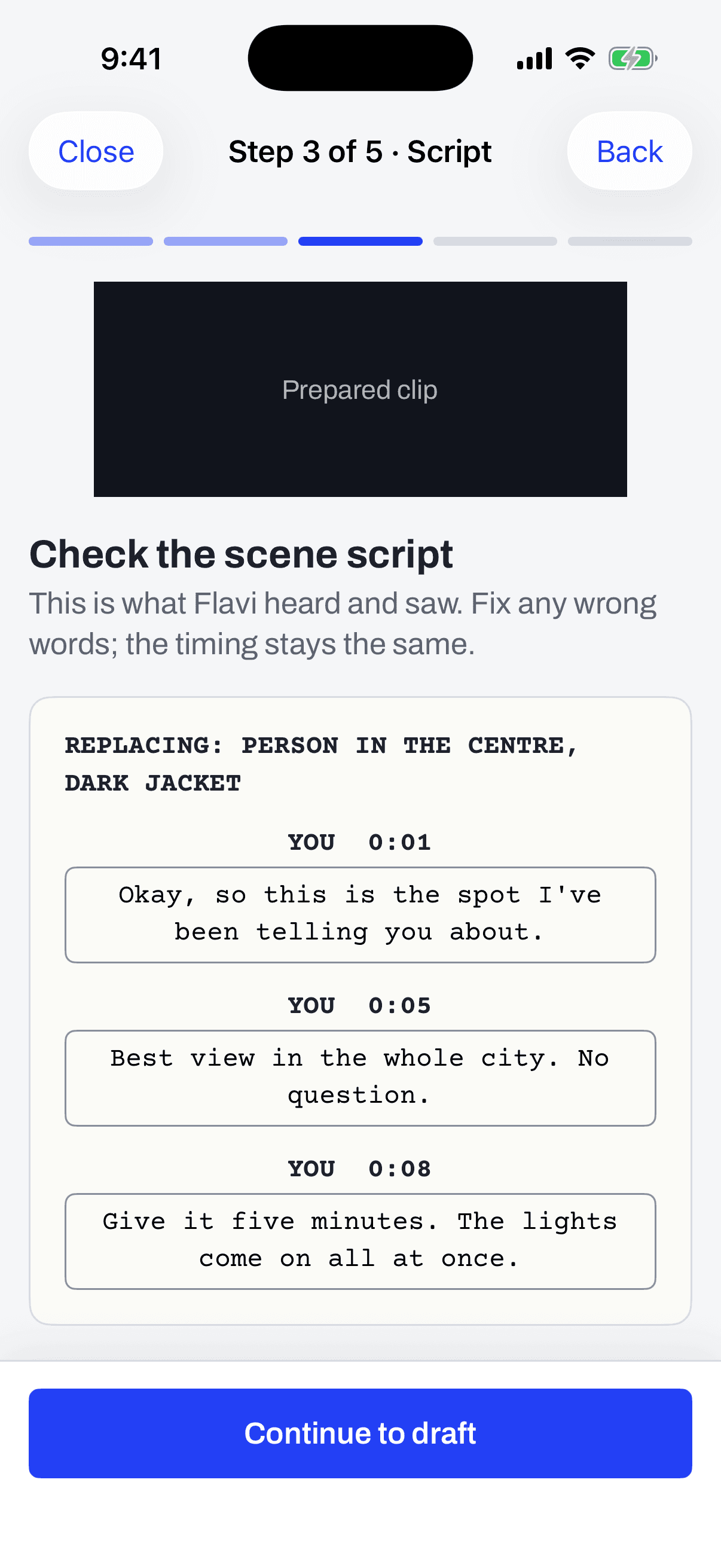 The scene script: every line with who says it and when